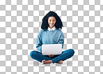Laptop, smile and search with black woman on floor for social media, news and designer. Website, online shopping and technology with girl customer for communication, internet and advertising