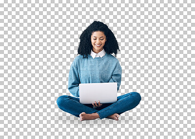Buy stock photo Laptop, education and a black woman student isolated on a transparent background to study for university. Computer, learning and research with a happy young college pupil on PNG for elearning