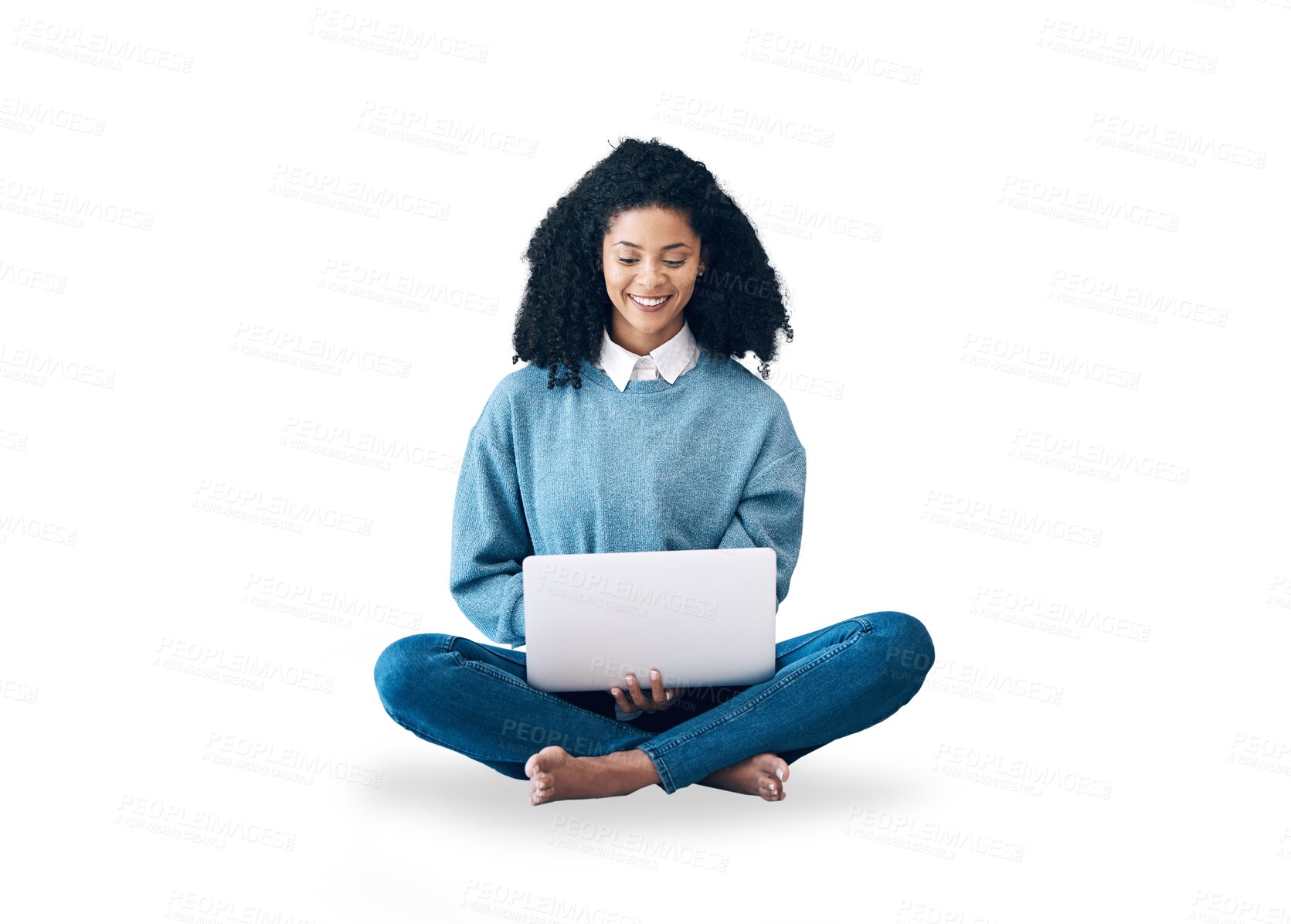 Buy stock photo Laptop, education and a black woman student isolated on a transparent background to study for university. Computer, learning and research with a happy young college pupil on PNG for elearning