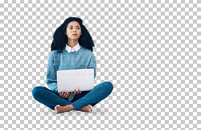 Buy stock photo Laptop, thinking and research with woman on floor for social media, news and ideas isolated on transparent png background. Relax, online project and technology, girl with insight for internet article