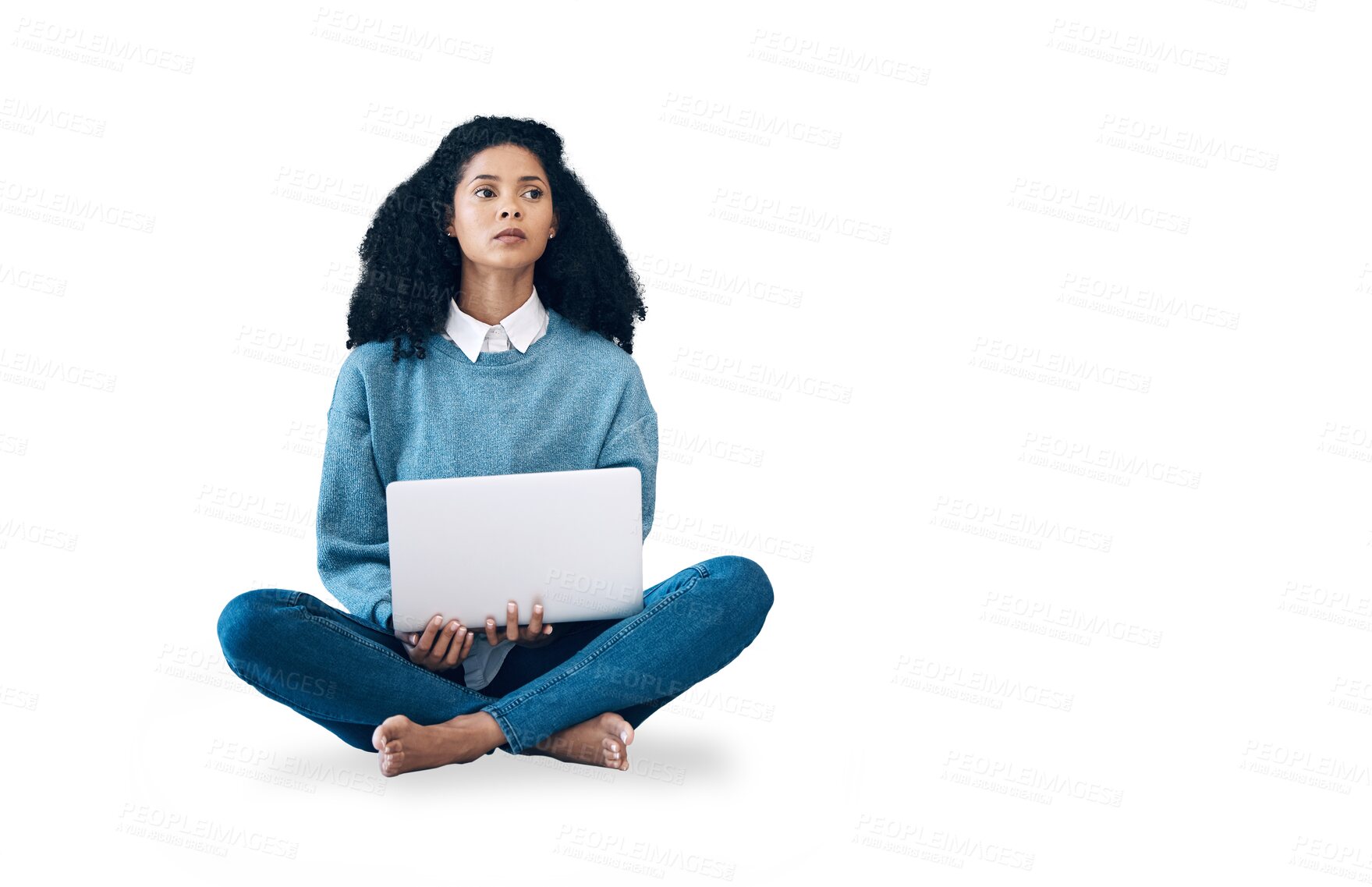 Buy stock photo Laptop, thinking and research with woman on floor for social media, news and ideas isolated on transparent png background. Relax, online project and technology, girl with insight for internet article
