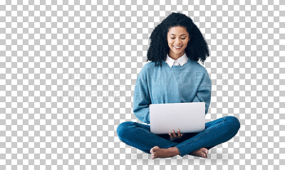 Buy stock photo Laptop, learning and a black woman student isolated on a transparent background to study for university. Computer, education and research with a happy young college pupil on PNG for scholarship