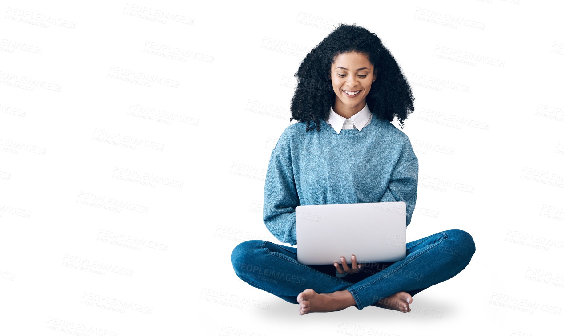Buy stock photo Laptop, learning and a black woman student isolated on a transparent background to study for university. Computer, education and research with a happy young college pupil on PNG for scholarship
