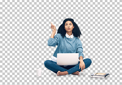 Buy stock photo Laptop, research and pointing with woman on floor with notebooks and isolated on png background. Technology, online and website for work, communication and internet for remote work and advertising