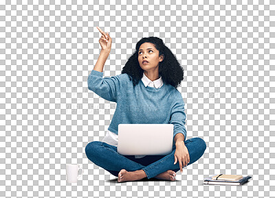 Laptop, thinking and pointing with black woman on floor with mockup for social media, news and presentation. Offer, online shopping and technology with girl for communication, internet or advertising