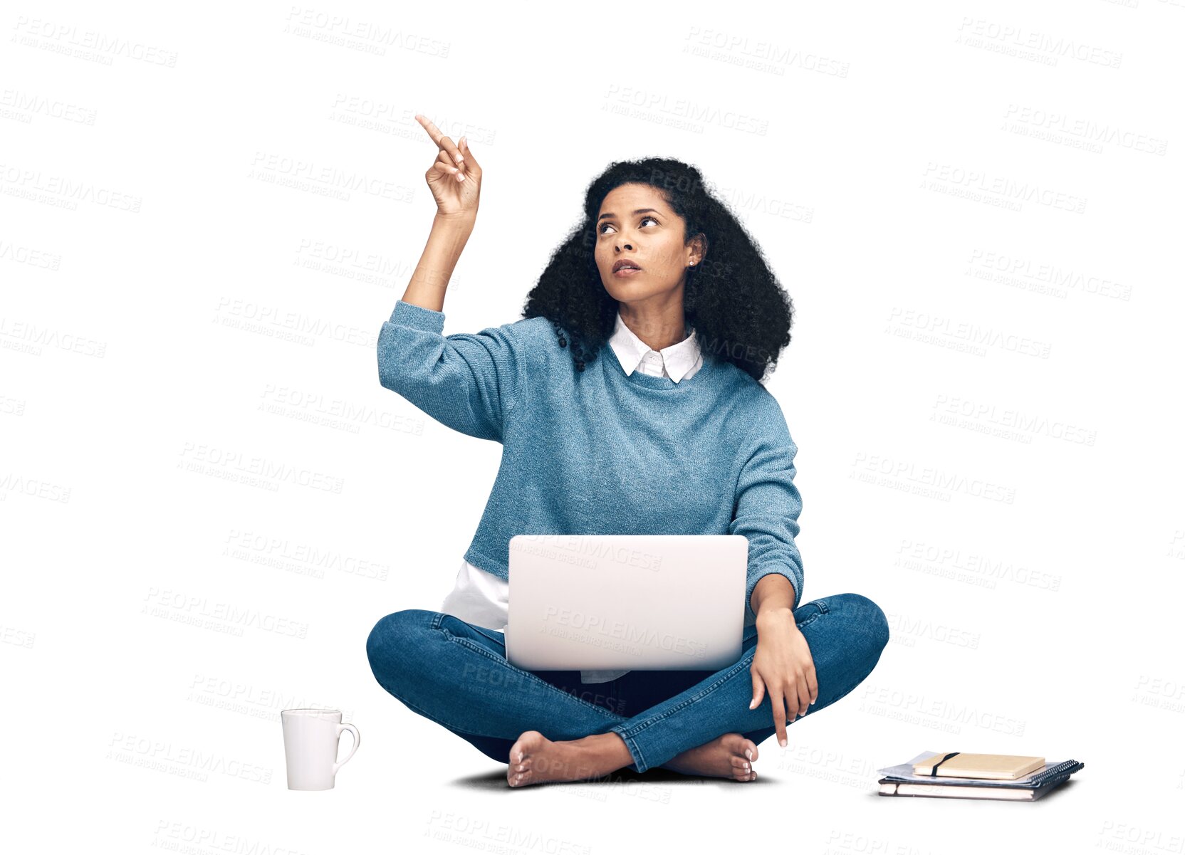 Buy stock photo Laptop, digital and pointing with woman on floor with notebooks and isolated on png background. Technology, online and website for job, research and internet for remote work and advertising idea
