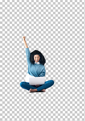 Buy stock photo Woman, laptop and happy for prize, fist or excited with good news and isolated on transparent png background. Smile, winning and achievement for competition, cheers and success for surprise offer
