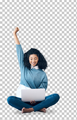 Buy stock photo Laptop, research and fist with woman, win and excited on isolated on transparent png background. Celebrate, success and website for work, communication and internet for remote work and advertising