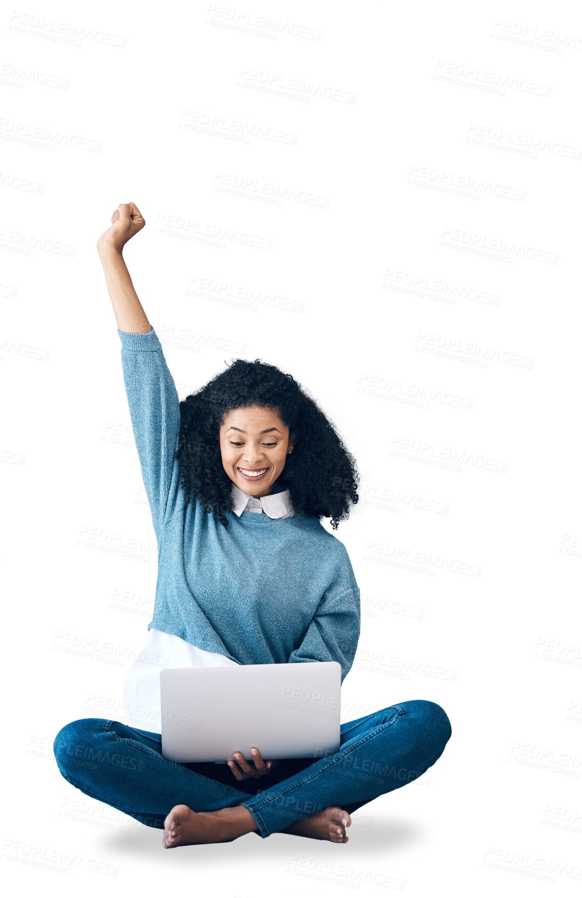 Buy stock photo Laptop, research and fist with woman, win and excited on isolated on transparent png background. Celebrate, success and website for work, communication and internet for remote work and advertising