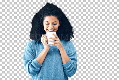 Buy stock photo Coffee, smile and relax with a young black woman isolated on a transparent background to drink a warm beverage. Tea, fresh and a happy young person drinking caffeine from a mug or cup on PNG