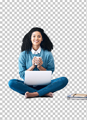 Buy stock photo Portrait, laptop and tea with a black woman student isolated on a transparent background to study for university. Computer, education and smile with a college pupil and coffee on PNG for scholarship
