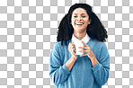 Black woman, portrait and coffee drink in studio, background and mockup backdrop. Happy young african female model smile with cup of tea, cappuccino and mug of latte beverage, happiness and mock up