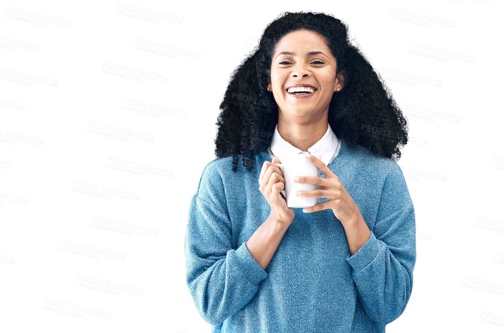 Buy stock photo Portrait, business and woman with a coffee, smile and employee isolated on a transparent background. Face, person and creative director with a cup of tea, latte and espresso with confidence and png