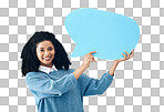 Portrait, black woman and speech bubble in studio on news, mockup or advertising on grey background. Face, girl or banner, poster or sign on product placement, isolated on blank billboard copy space