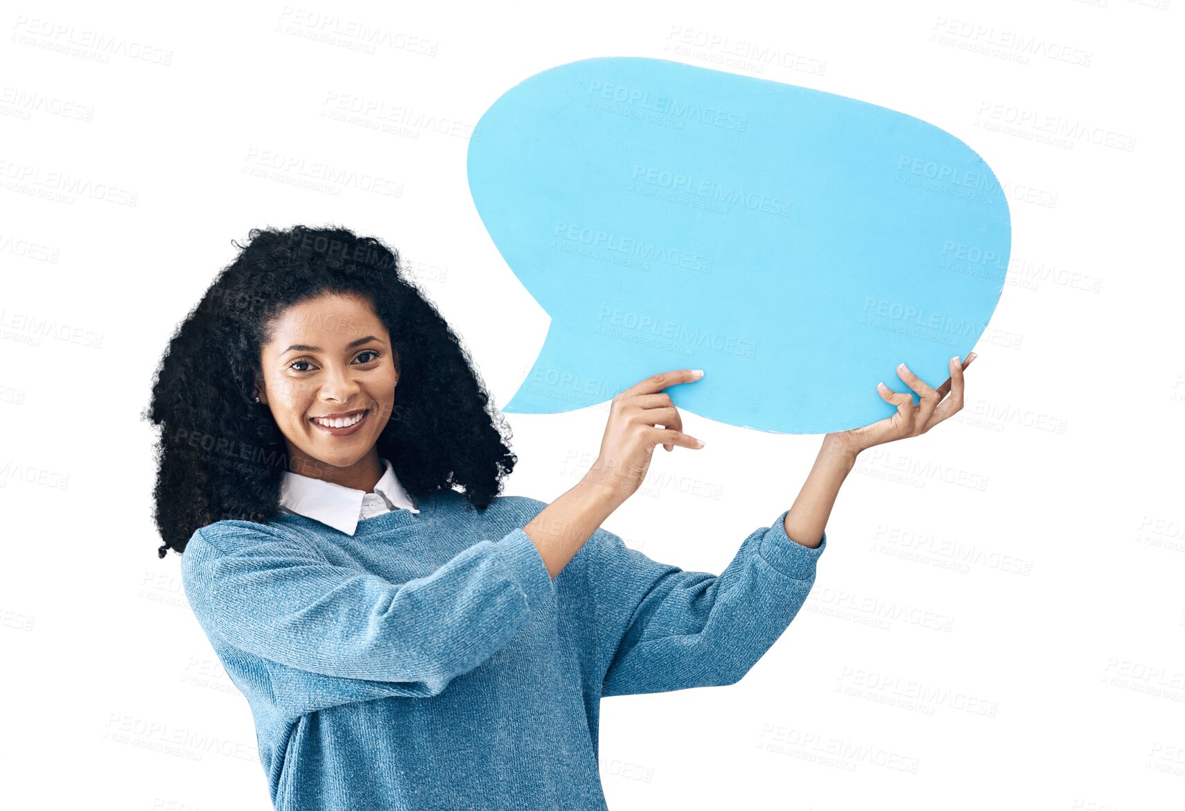 Buy stock photo Happy woman, portrait and speech bubble for social media or communication isolated on a transparent PNG background. Female person smile with icon, symbol or shape for news, alert or advertising