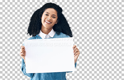 Buy stock photo Happy woman, portrait and poster for advertising or marketing isolated on a transparent PNG background. Female person or model showing billboard or sign for message, notification or sale discount