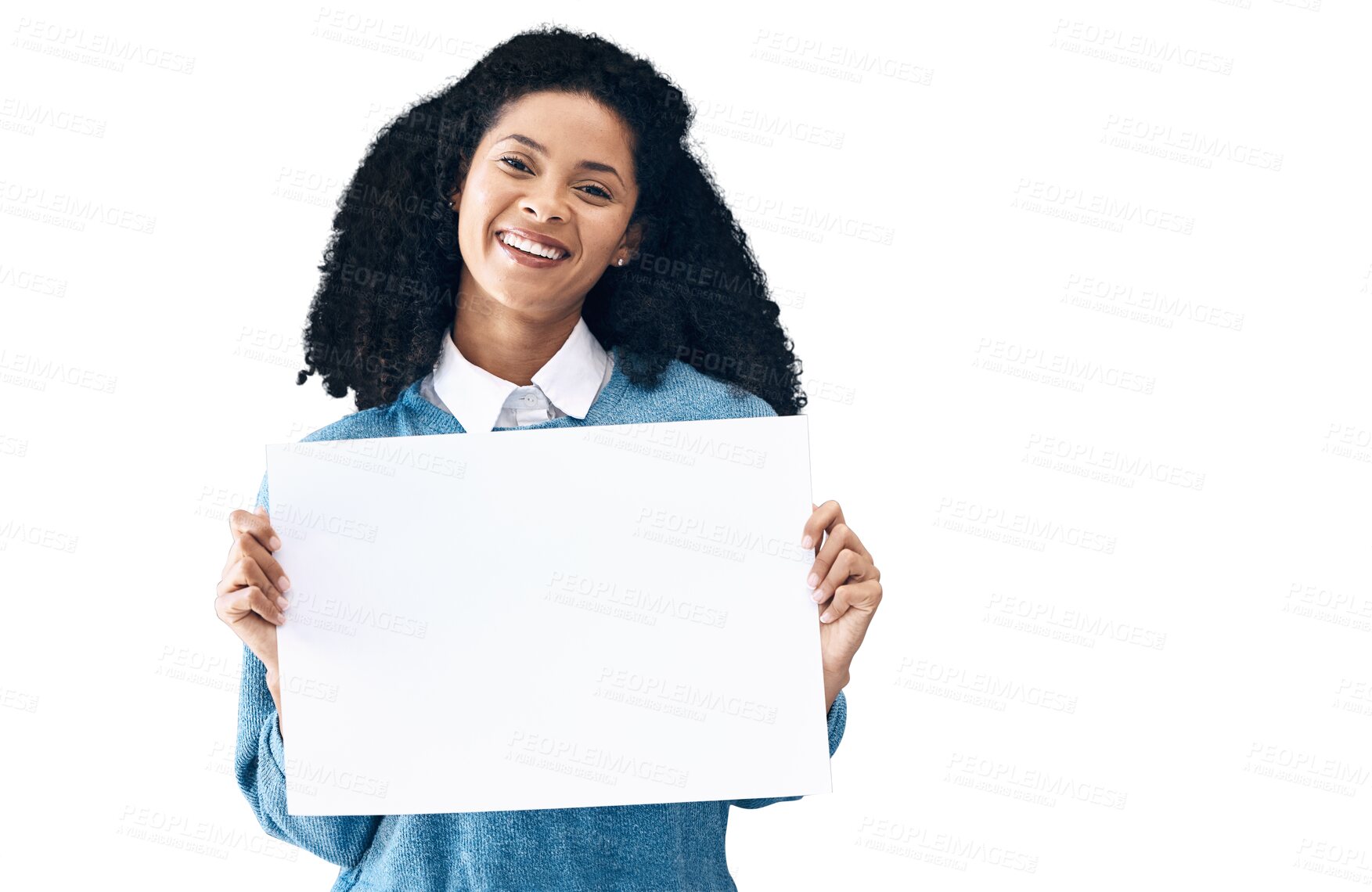 Buy stock photo Happy woman, portrait and poster for advertising or marketing isolated on a transparent PNG background. Female person or model showing billboard or sign for message, notification or sale discount