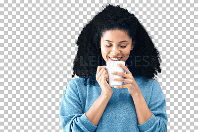 Black woman, drink and coffee in studio, background and mockup backdrop. Happy young african female model smile with cup of tea, cappuccino and mug of latte for beverage break, happiness and mock up