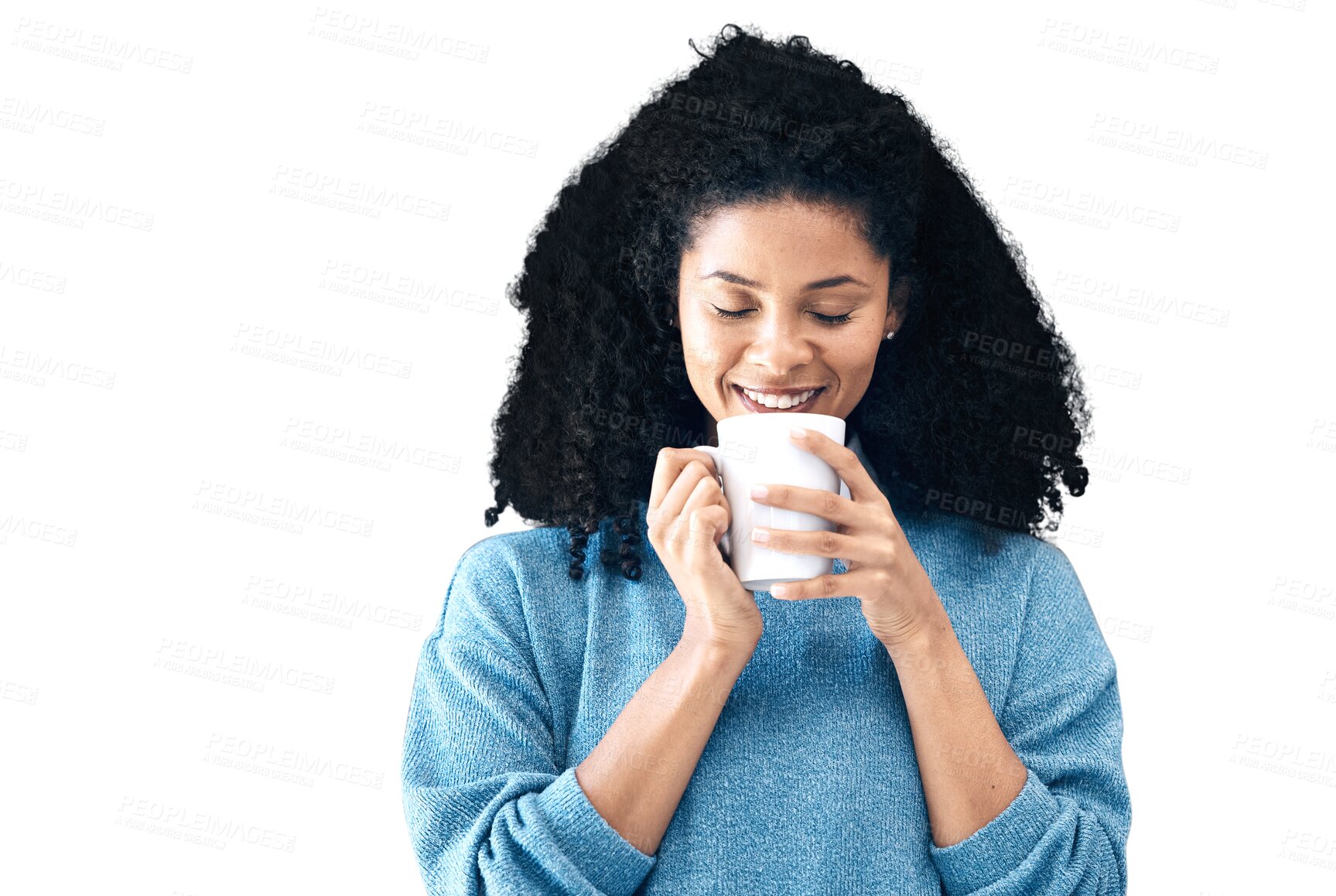 Buy stock photo Tea, smile and relax with a young black woman isolated on a transparent background to drink a warm beverage. Coffee, fresh and a happy young person drinking caffeine from a mug or cup on PNG