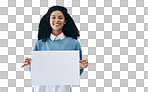 Mockup, portrait and black woman with poster for space, advertising and branding on grey background. Face, blank or billboard by girl relax on mock up, copy space or announcement on product placement
