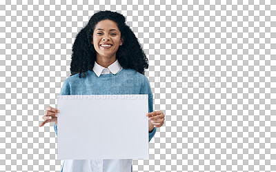 Buy stock photo Happy woman, portrait and billboard for advertising or marketing isolated on a transparent PNG background. Female person or model showing poster or board for message, notification or sale discount