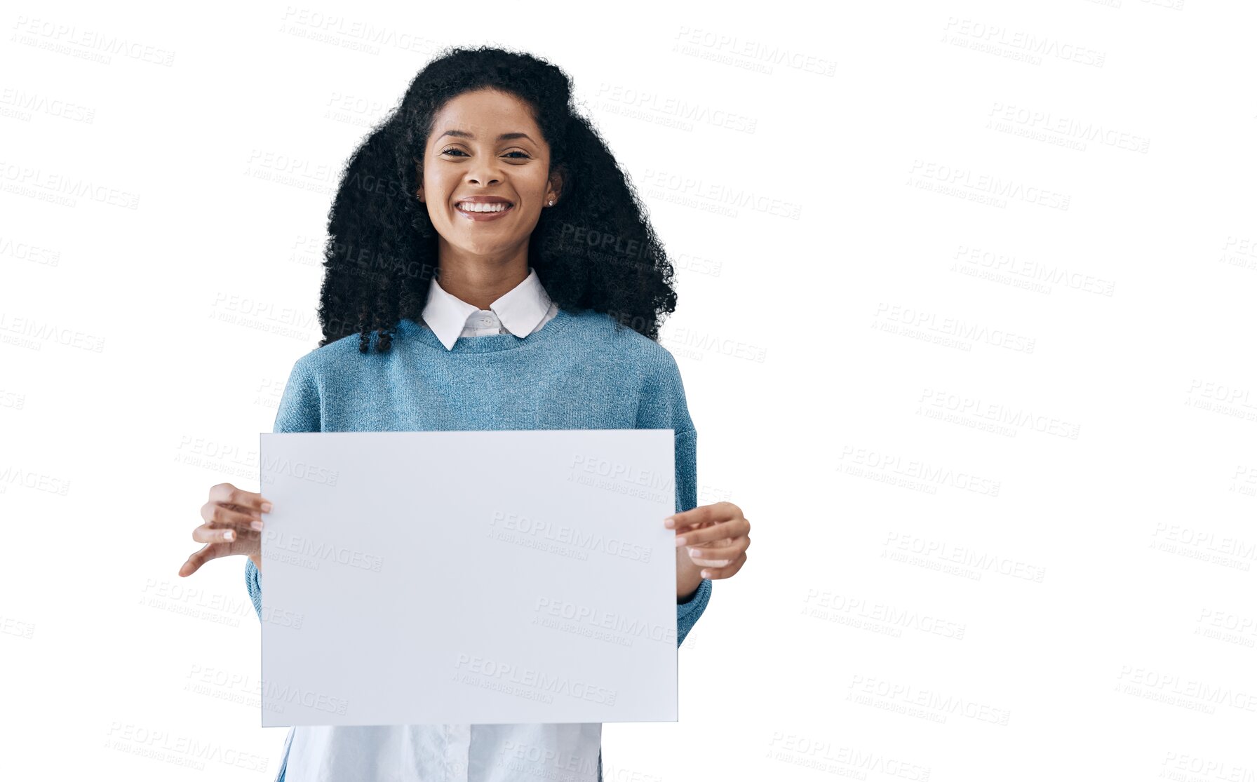 Buy stock photo Happy woman, portrait and billboard for advertising or marketing isolated on a transparent PNG background. Female person or model showing poster or board for message, notification or sale discount