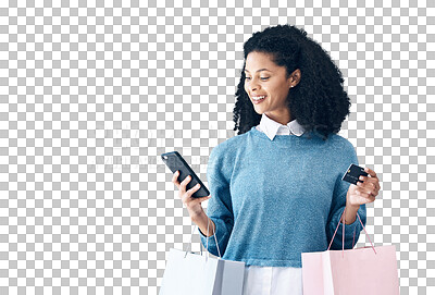 Buy stock photo Happy woman, phone and credit card with shopping bag for ecommerce isolated on a transparent PNG background. Female person or shopper smile on mobile smartphone for online banking, payment or buying