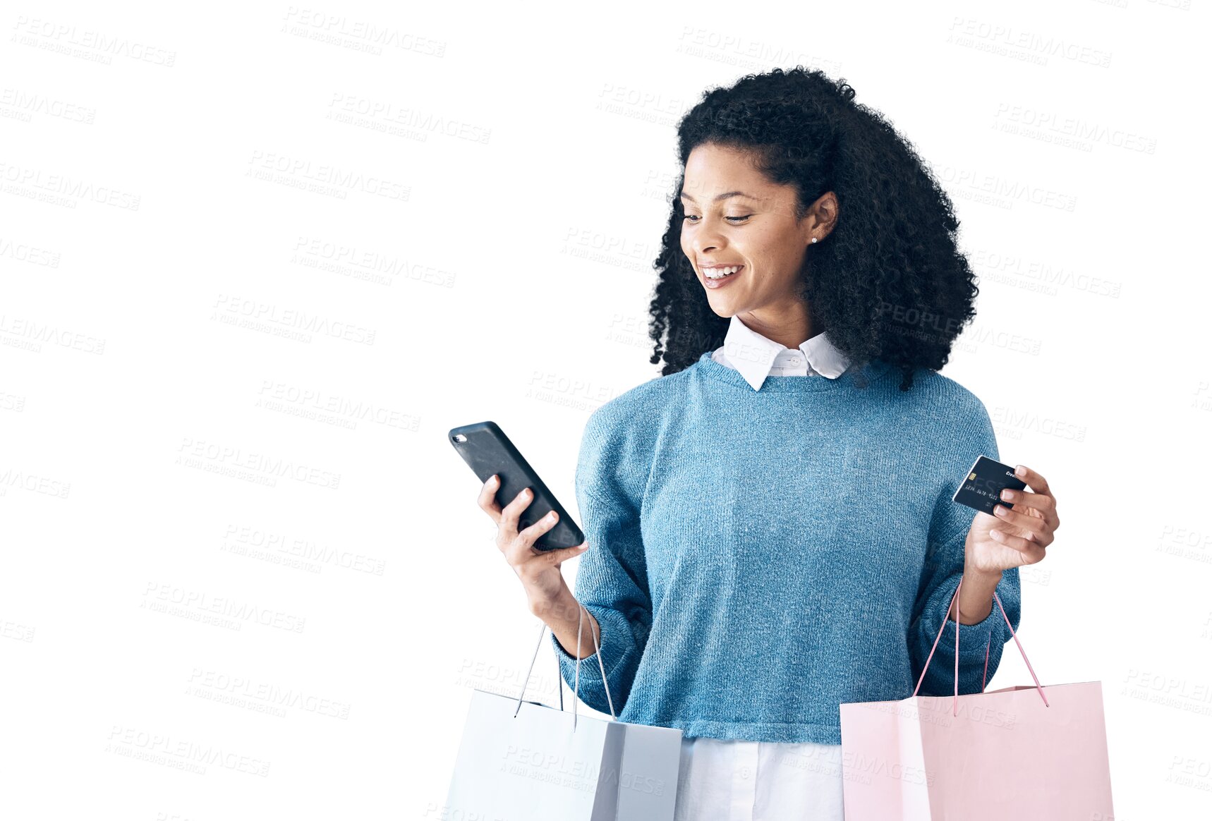 Buy stock photo Happy woman, phone and credit card with shopping bag for ecommerce isolated on a transparent PNG background. Female person or shopper smile on mobile smartphone for online banking, payment or buying