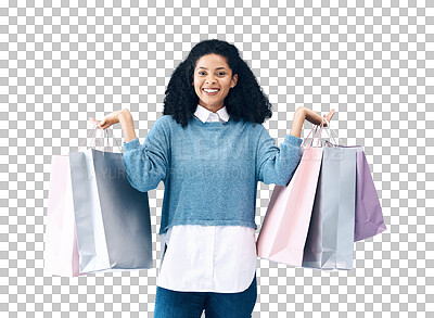 Buy stock photo Happy woman, portrait and shopping bag for discount or sale promo isolated on a transparent PNG background. Female person or shopper smile with gift bags for purchase, buying or store promotion