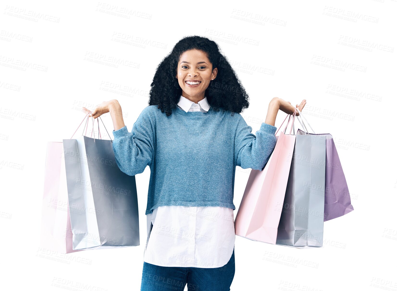 Buy stock photo Happy woman, portrait and shopping bag for discount or sale promo isolated on a transparent PNG background. Female person or shopper smile with gift bags for purchase, buying or store promotion