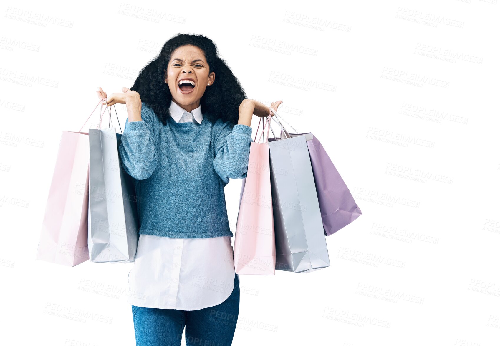 Buy stock photo Excited woman, portrait and shopping bag for discount, sale or promo isolated on a transparent PNG background. Happy female person or shopper with gift bags screaming for purchase, deal or promotion