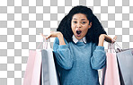 Wow, discount and portrait of woman with shopping bags, retail therapy and surprise at sale on wall. Deal, excited and happy girl holding products from a shop, market or mall on a background