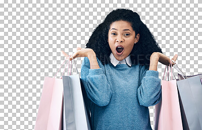 Buy stock photo Woman, portrait and wow with shopping bag for discount, sale or promo isolated on a transparent PNG background. Female person or shopper with gift bags in surprise for purchase, deal or promotion