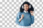 Music, dance and black woman in studio with freedom, streaming or good mood on grey background. Radio, podcast and girl relax while dancing to audio, online and playlist on advertising isolated space