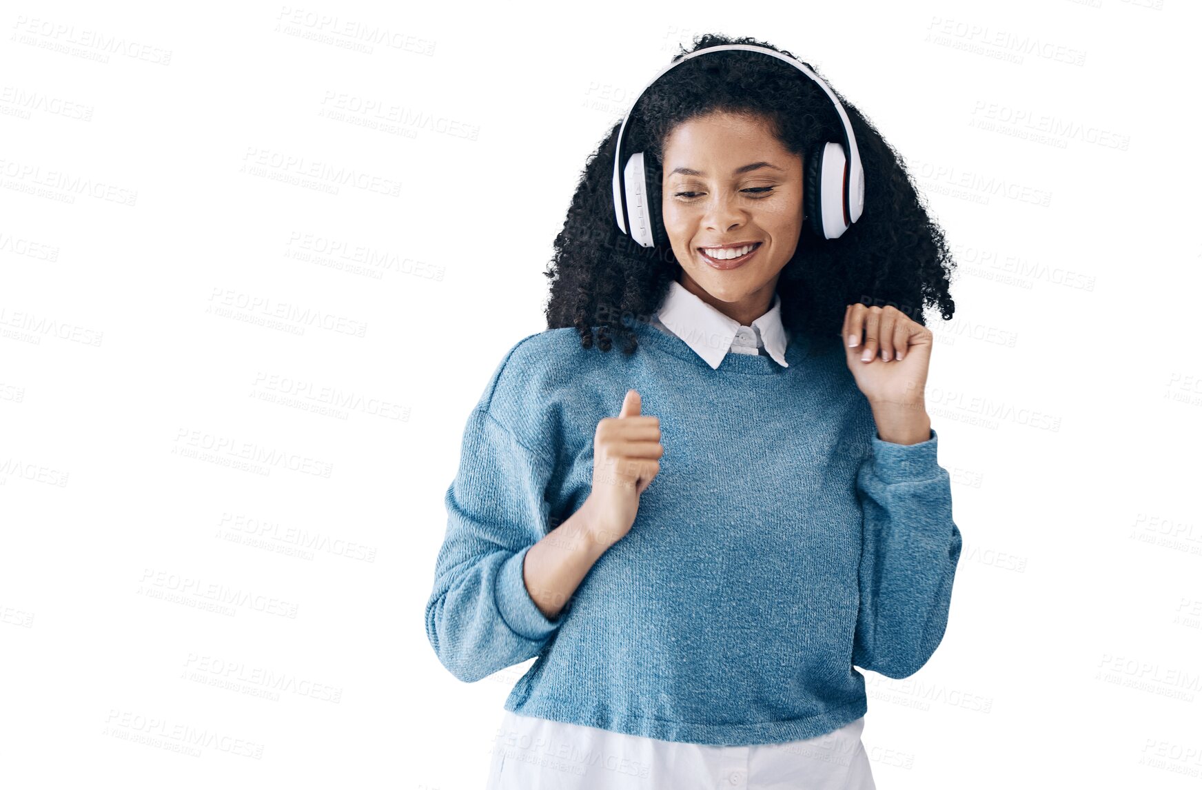 Buy stock photo Happy woman, headphones and listening to music in audio streaming isolated on a transparent PNG background. Female person or model smile enjoying sound track, podcast or dancing to song with headset