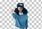 Virtual reality headset, metaverse and woman with hand for mockup space and 3d game in studio. Gamer person vr glasses for digital world, futuristic gaming and ar tech ux experience grey background