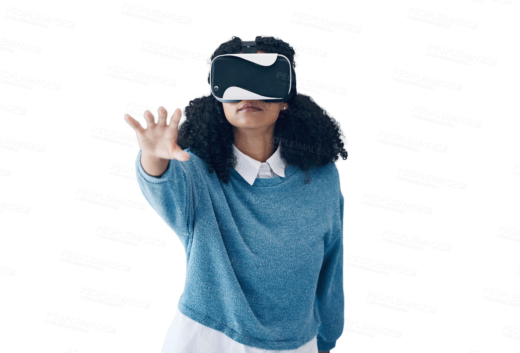 Buy stock photo Woman, virtual reality glasses and metaverse with digital app, internet and futuristic gaming isolated on a transparent background. Person, model and girl with VR headset, tech or png with connection