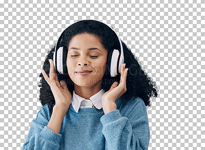 Buy stock photo Happy woman, headphones and listening to music in relax for sound isolated on a transparent PNG background. Face of calm female person smile and enjoying audio streaming, podcast or song with headset