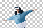 Metaverse, virtual reality headset and gaming woman with hands for 3d flying game in studio. Gamer person vr headset for digital world, futuristic gaming and ar tech ux experience on grey background