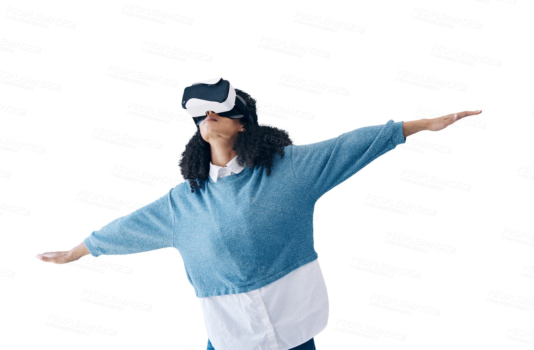 Buy stock photo Woman, virtual reality glasses and internet with digital experience, tech and futuristic gaming isolated on a transparent background. Person, model and girl with VR headset, png and flying game