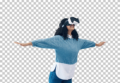Buy stock photo Woman, virtual reality glasses or futuristic with digital experience, internet or online gaming isolated on transparent background. Person, model or girl with VR headset, tech or png with flying game
