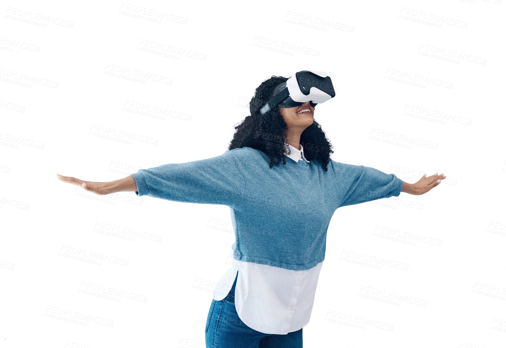 Buy stock photo Woman, virtual reality glasses or futuristic with digital experience, internet or online gaming isolated on transparent background. Person, model or girl with VR headset, tech or png with flying game