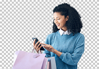 Buy stock photo Happy woman, phone and shopping bag for deal, discount or sale isolated on a transparent PNG background. Female person or shopper smile with mobile smartphone for online payment, banking or purchase