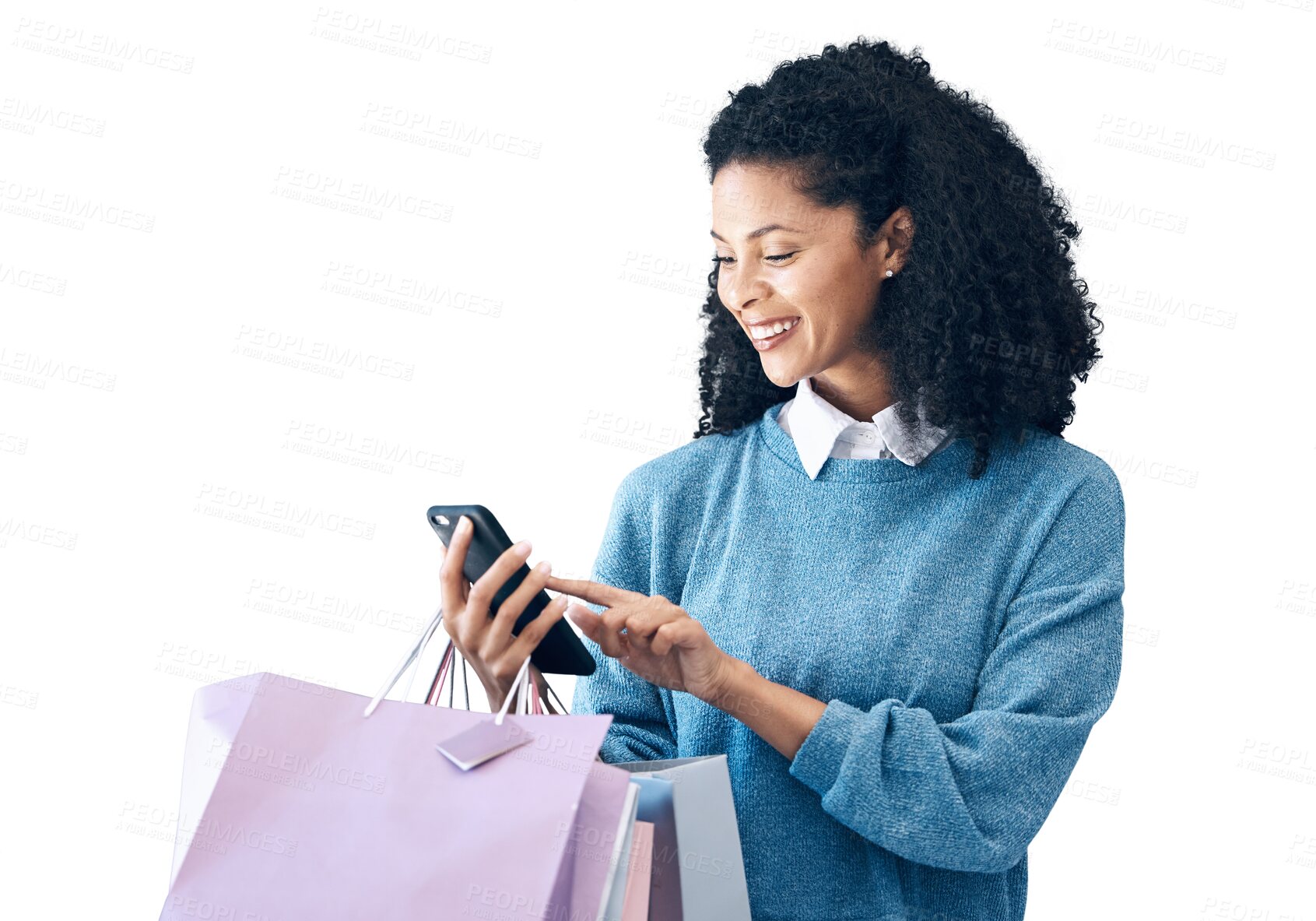 Buy stock photo Happy woman, phone and shopping bag for deal, discount or sale isolated on a transparent PNG background. Female person or shopper smile with mobile smartphone for online payment, banking or purchase