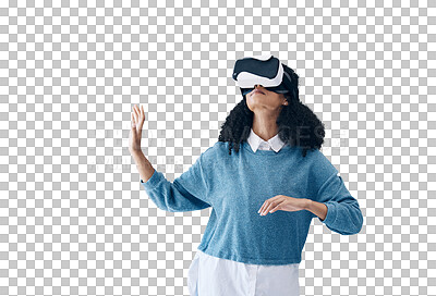 Buy stock photo Woman, virtual reality glasses and metaverse with internet, futuristic gaming or tech isolated on transparent background. Person, model or girl with VR headset, digital experience or png with connect