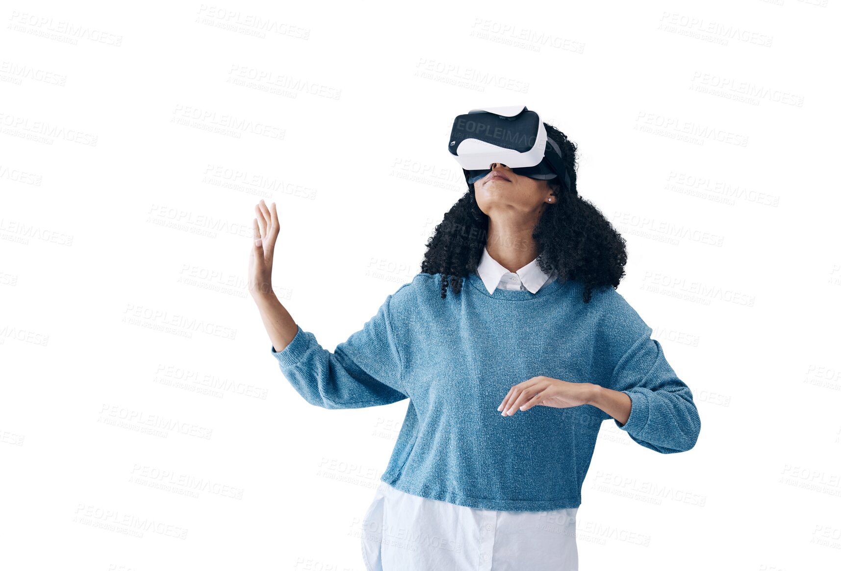 Buy stock photo Woman, virtual reality glasses and metaverse with internet, futuristic gaming or tech isolated on transparent background. Person, model or girl with VR headset, digital experience or png with connect