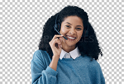Buy stock photo Happy woman, portrait and headphones for call center communication isolated on a transparent PNG background. Face of female person or consultant agent smile with headset for customer service support