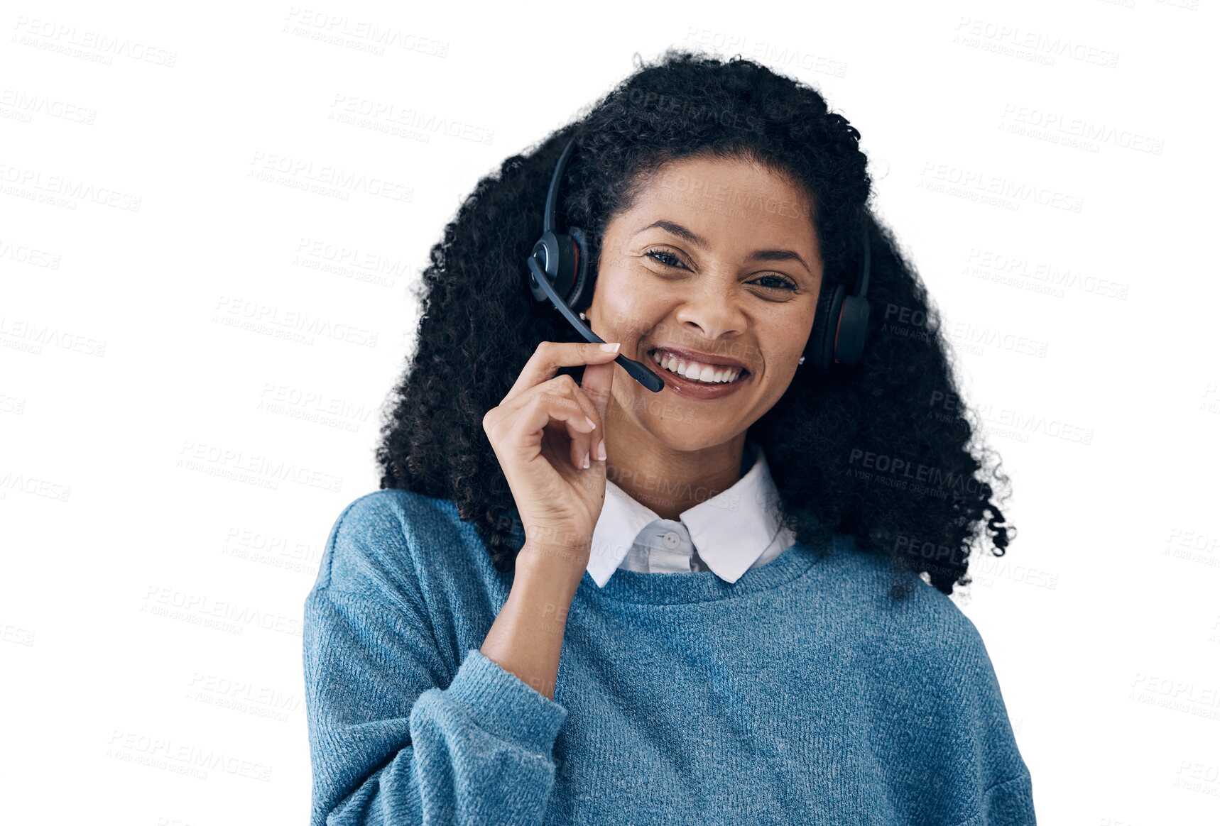 Buy stock photo Happy woman, portrait and headphones for call center communication isolated on a transparent PNG background. Face of female person or consultant agent smile with headset for customer service support