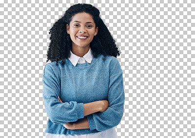 Buy stock photo Smile, business woman with arms crossed and portrait isolated on transparent png background. Face of confident entrepreneur, creative professional and designer or employee in South Africa at startup