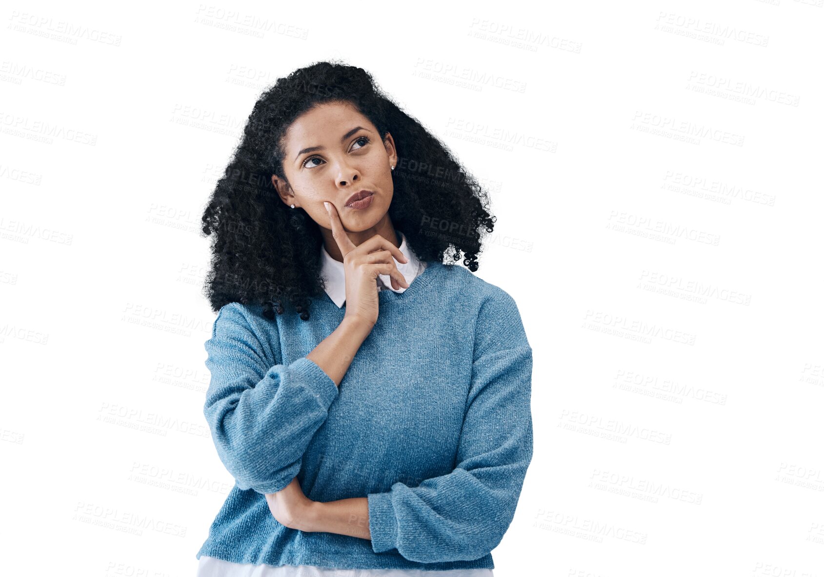 Buy stock photo Woman, hand and thinking or thought idea for problem solving, solution or isolated on transparent png background. Black female person, brainstorming and unsure for question, wonder or puzzled doubt